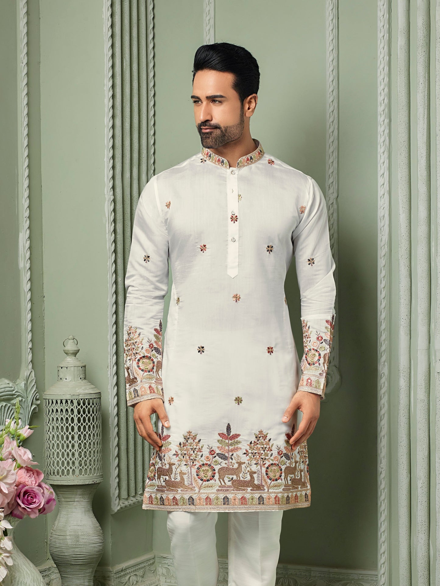 White silk Kurta set with white multi colour threaded embroidery work