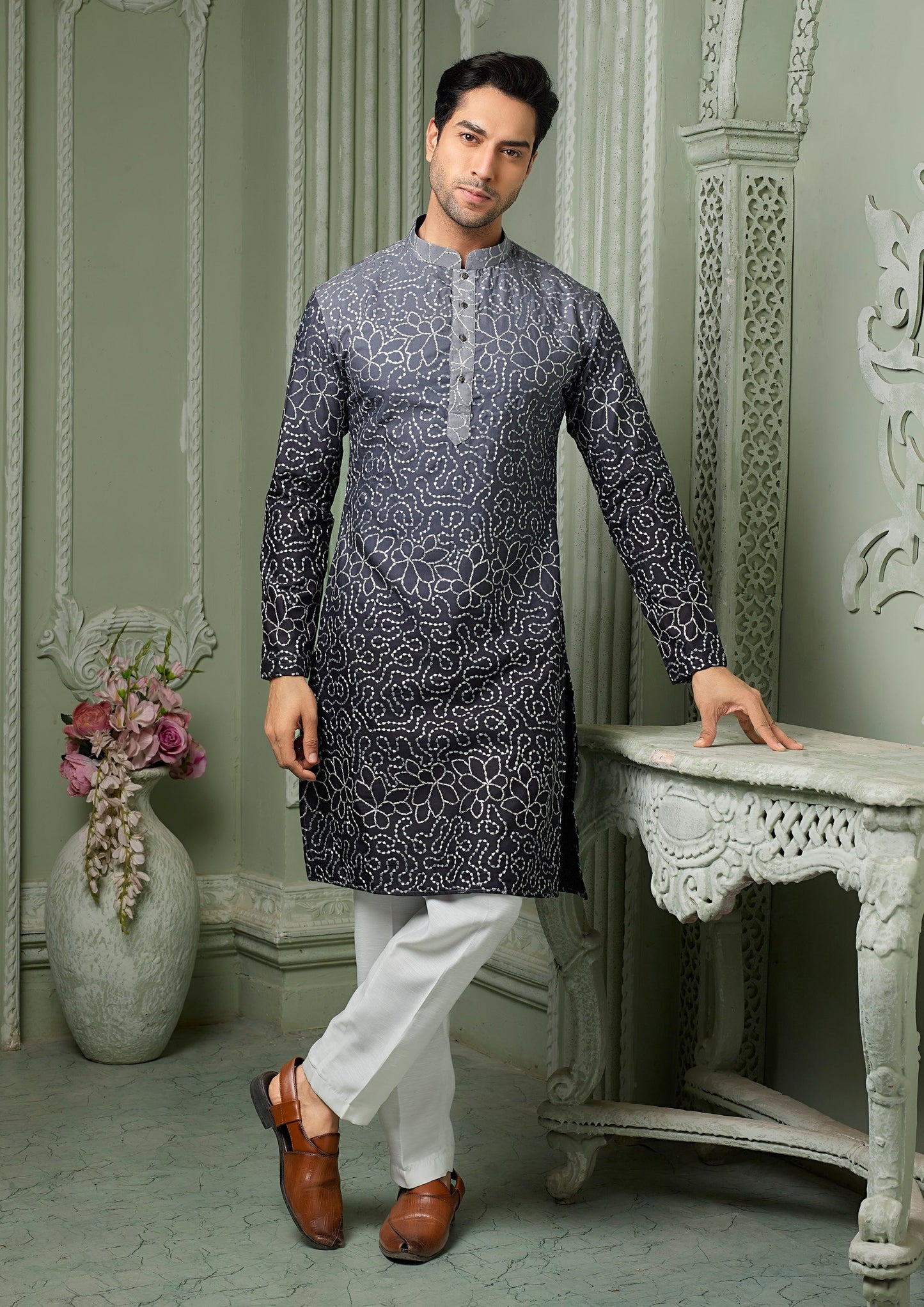Navy Blue shaded silk Kurta set with white threaded embroidery work