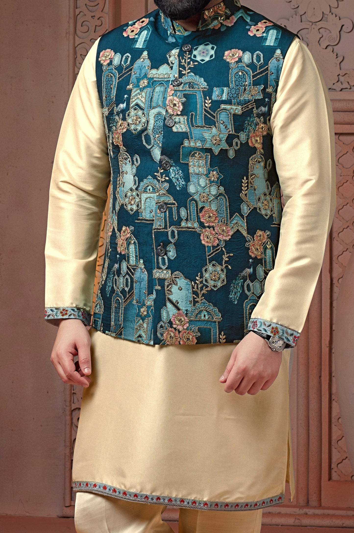 Rama Green colour Natural soft silk floral Koti with golden Zari  & corded embroidery and Plain Kurta set