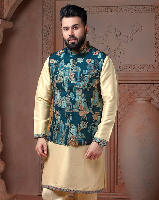 Rama Green colour Natural soft silk floral Koti with golden Zari  & corded embroidery and Plain Kurta set