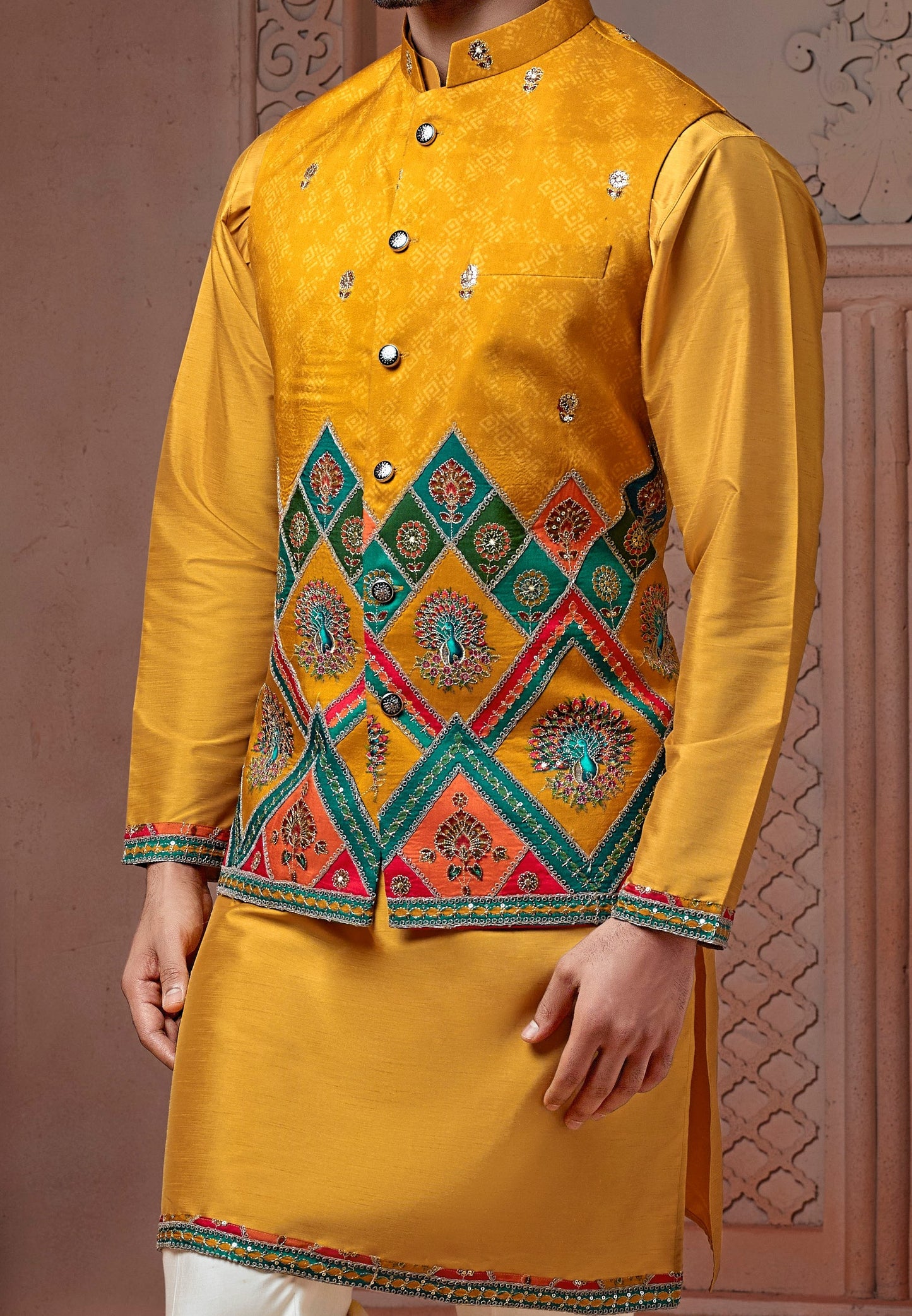 Musturd colour Natural soft silk Daman Koti with texture & golden embroidery and Plain Kurta set