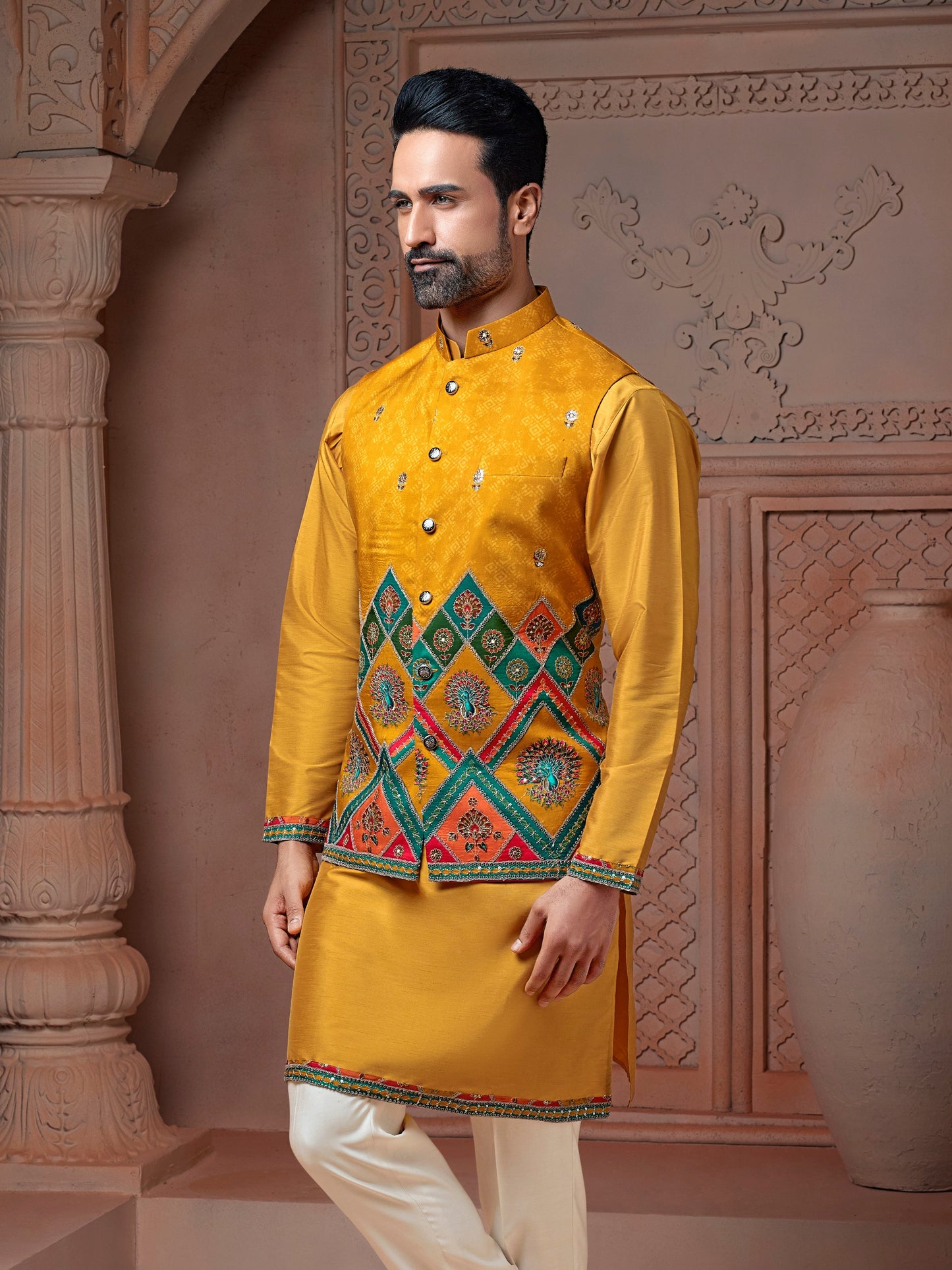 Musturd colour Natural soft silk Daman Koti with texture & golden embroidery and Plain Kurta set