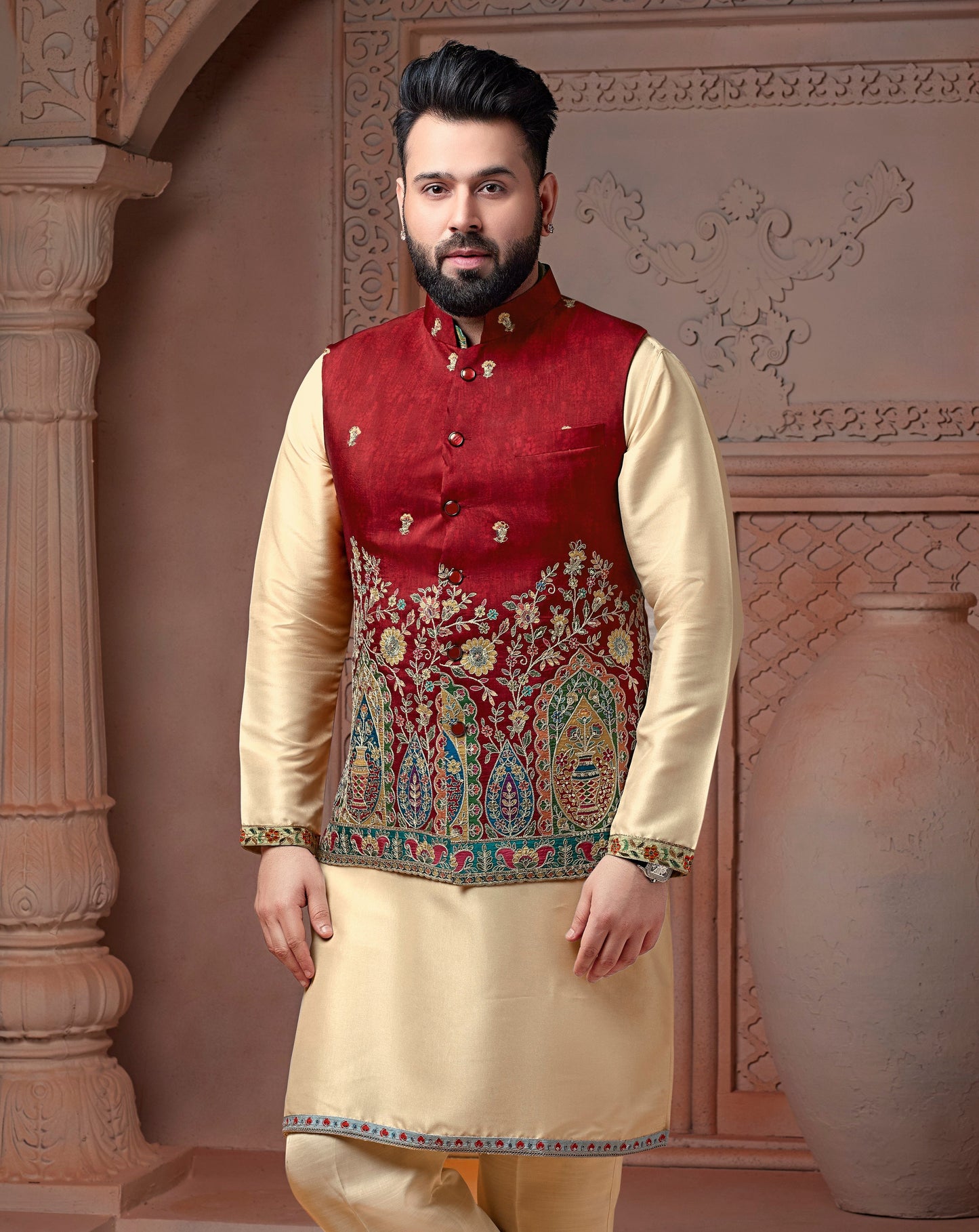 Hot Red colour Natural soft silk Daman Koti with golden Zari  & corded embroidery and Plain Kurta set