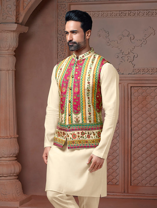 Off White colour Natural soft silk Koti with golden Zari  & corded embroidery and Plain Kurta set