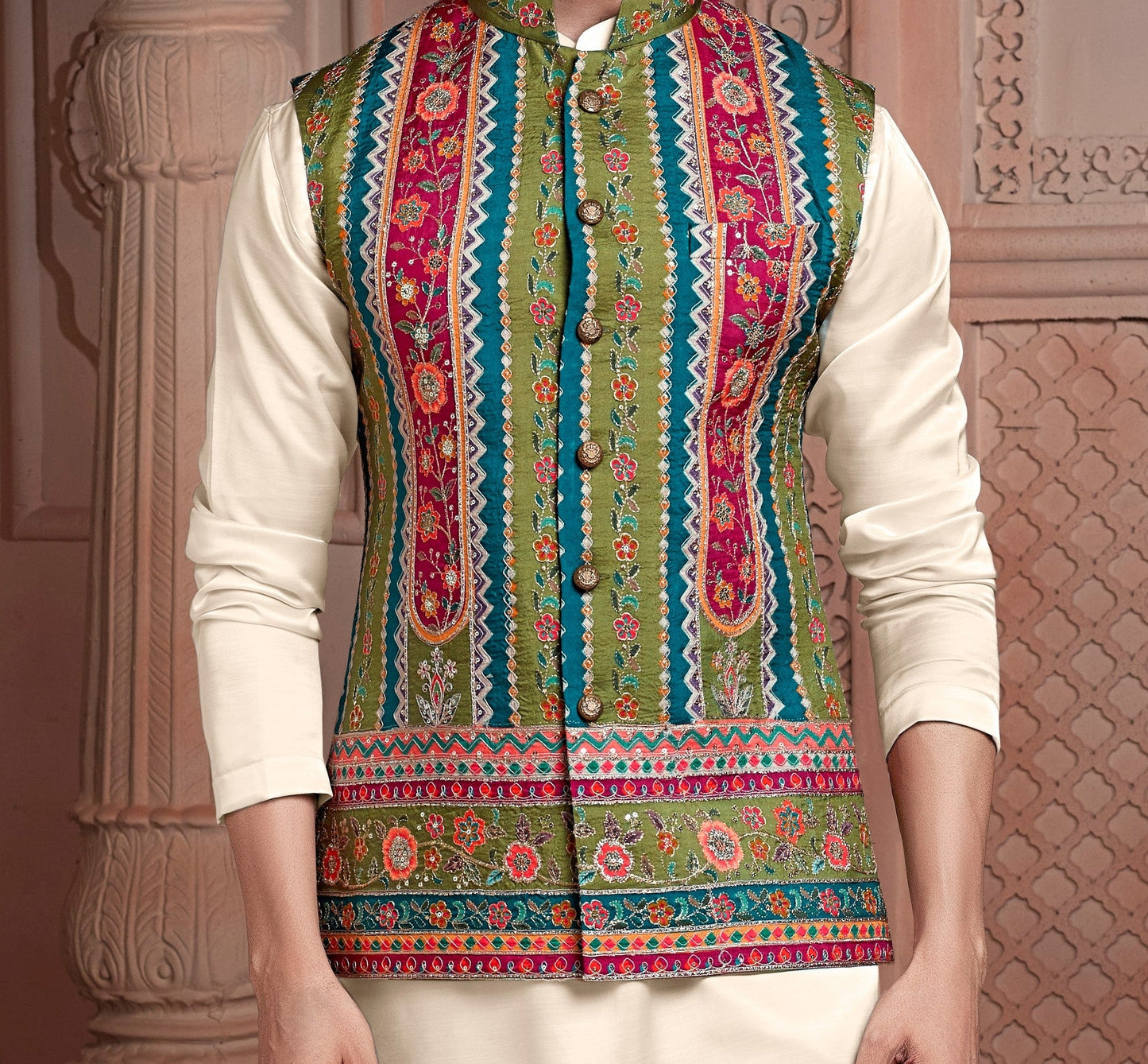 Multi colour Natural soft silk Koti with golden Zari  & corded embroidery and plain Kurta set