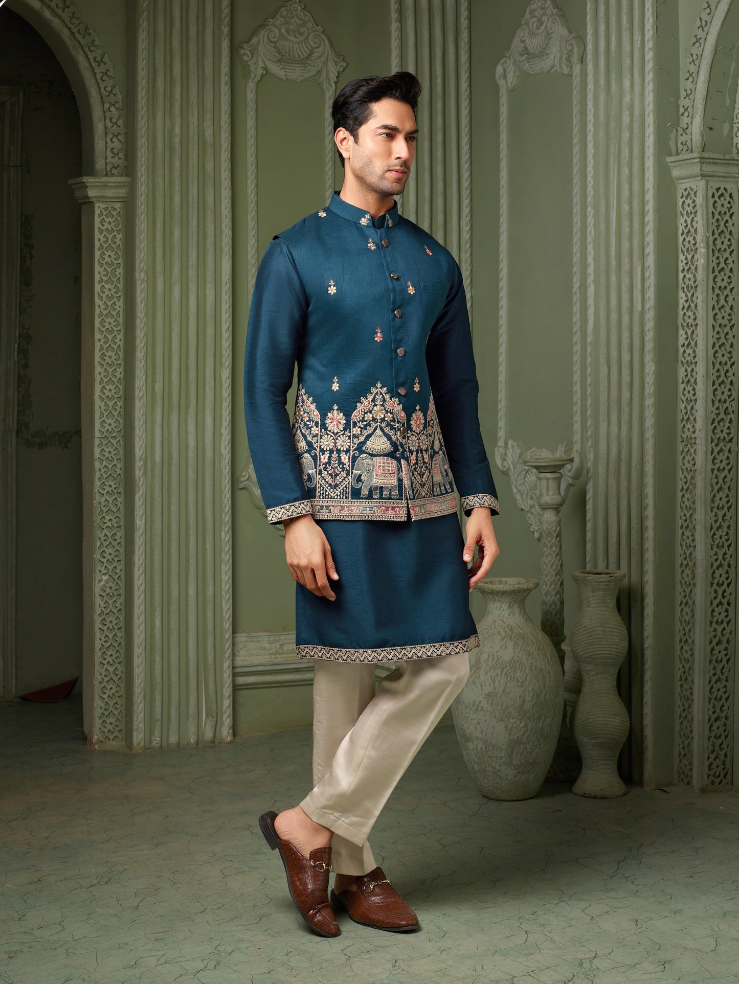 Turquoise blue silk threded koti with kurta and off white pant