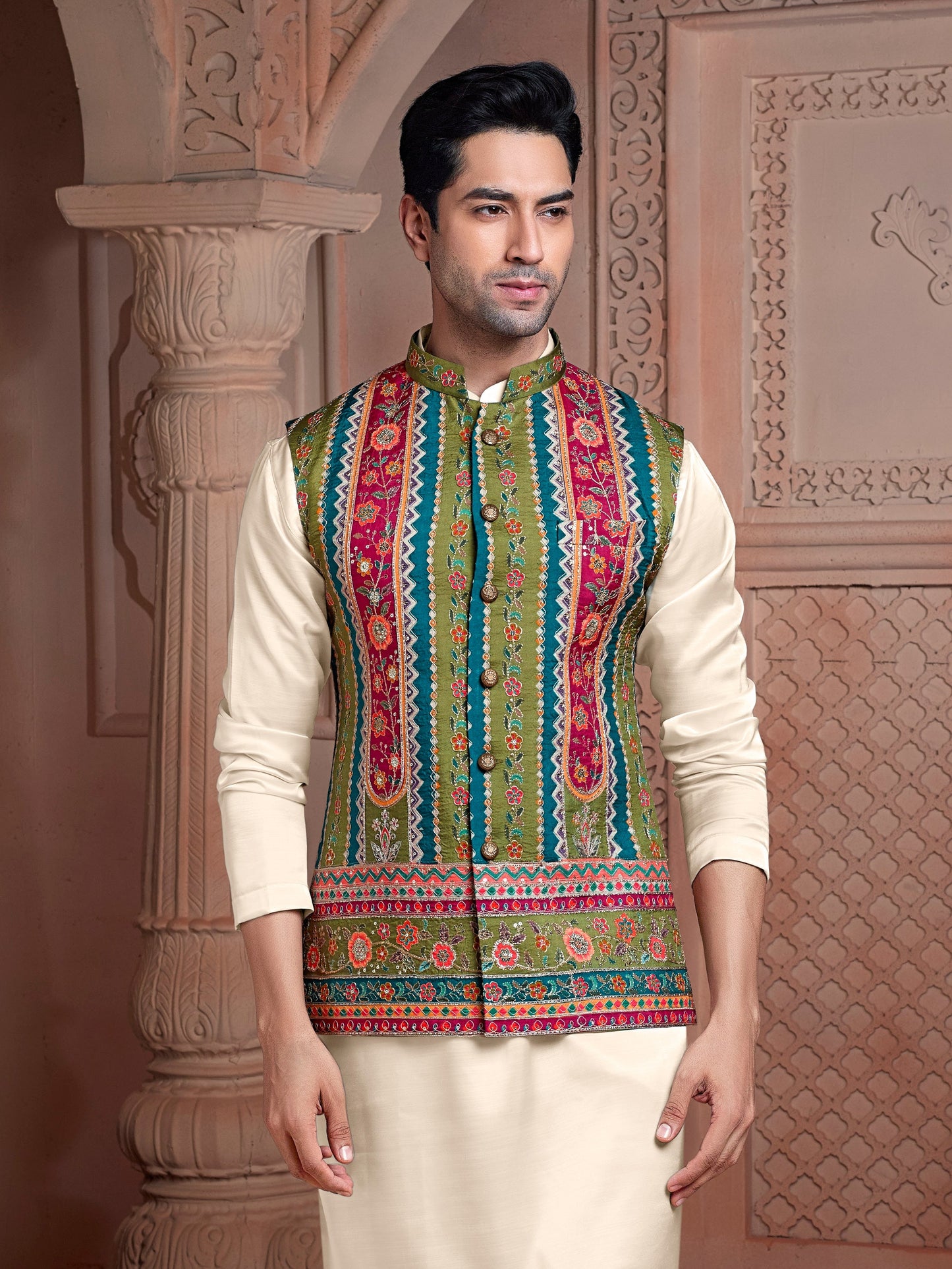 Multi colour Natural soft silk Koti with golden Zari  & corded embroidery and plain Kurta set
