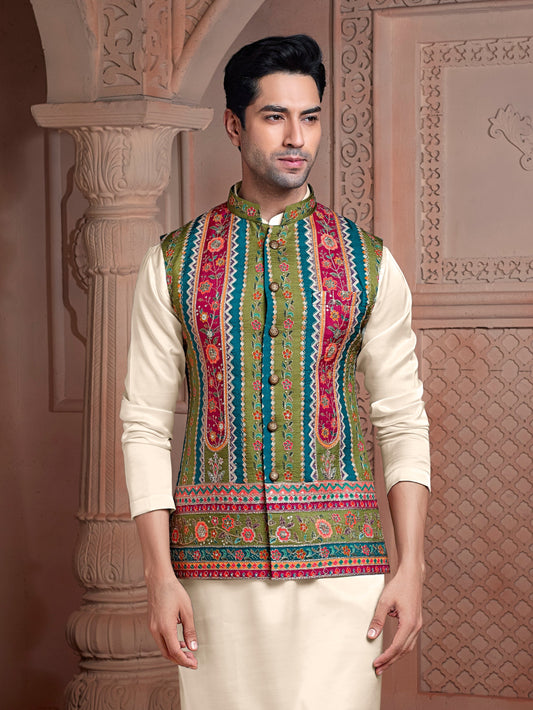 Multi colour Natural soft silk Koti with golden Zari  & corded embroidery and plain Kurta set