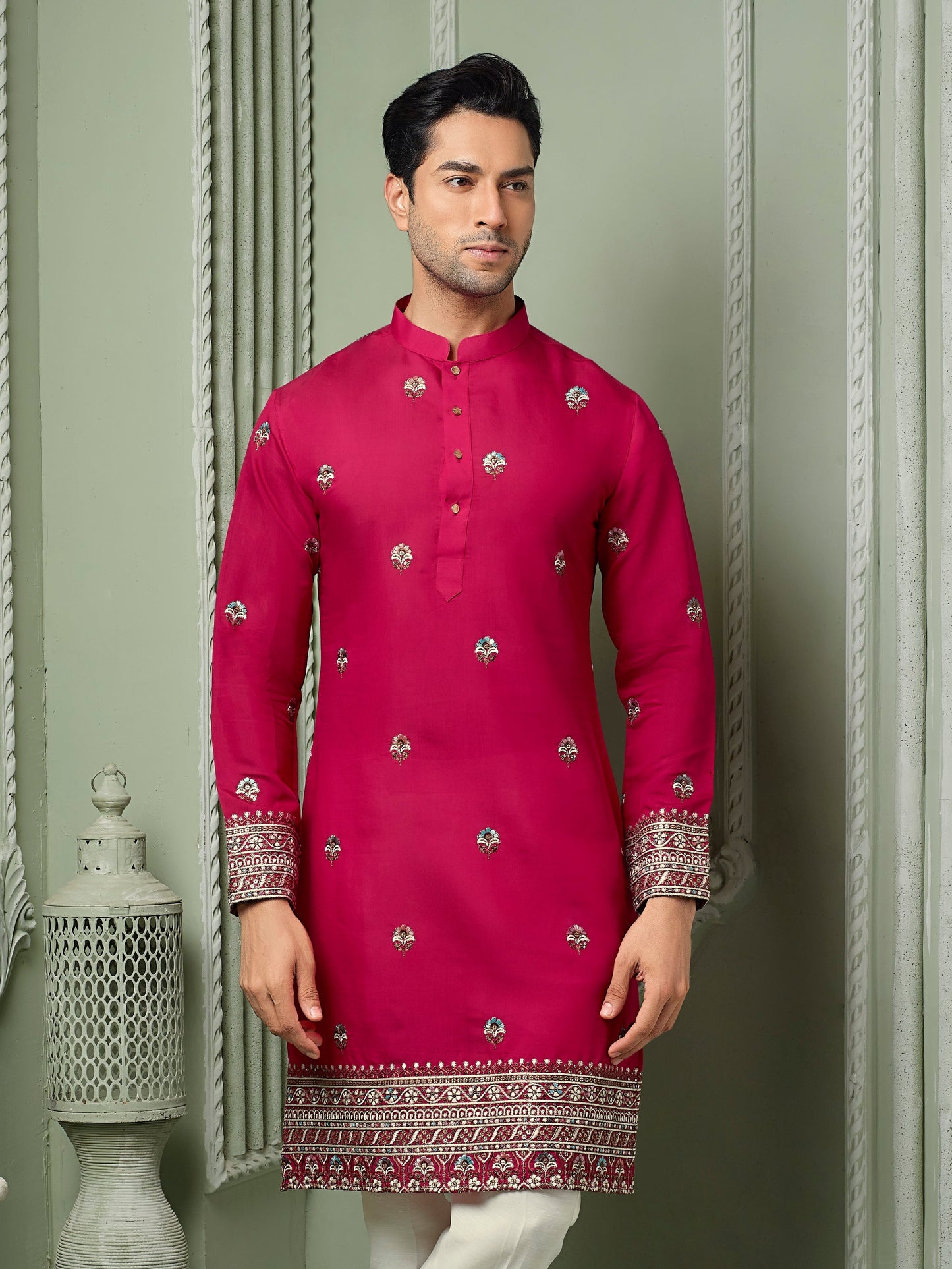 Rani silk kurta set with threaded embroidery work