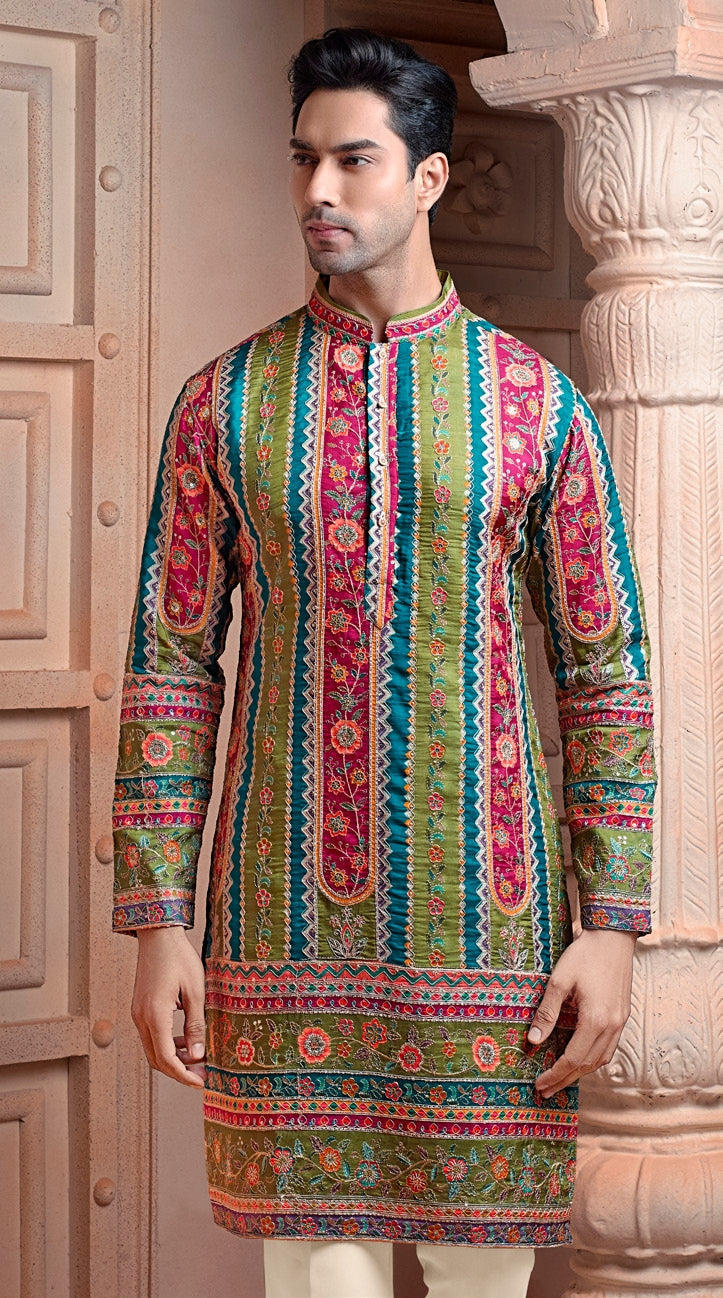Multi colour Natural soft silk kurta set with golden Zari & corded embroidery