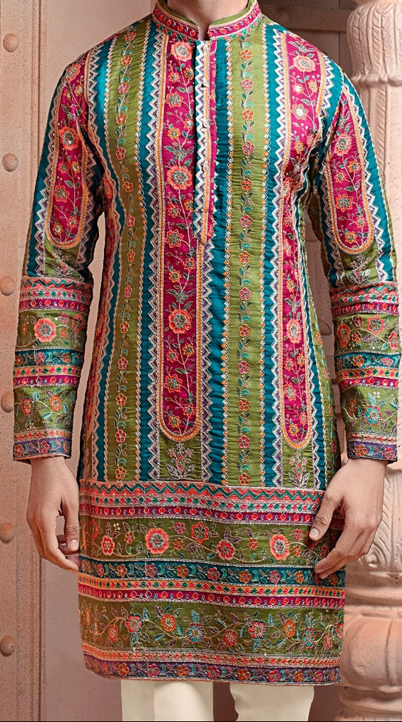 Multi colour Natural soft silk kurta set with golden Zari & corded embroidery