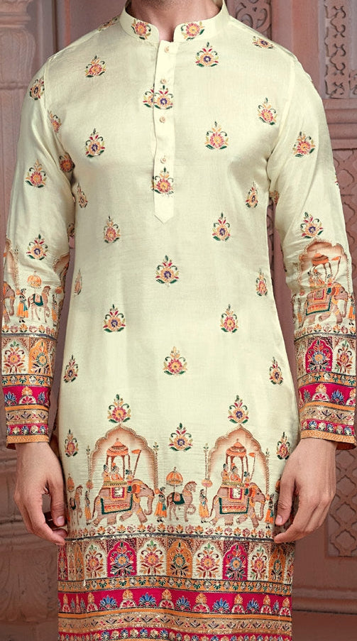 Off White colour Natural soft silk kurta set with golden Zari & corded embroidery