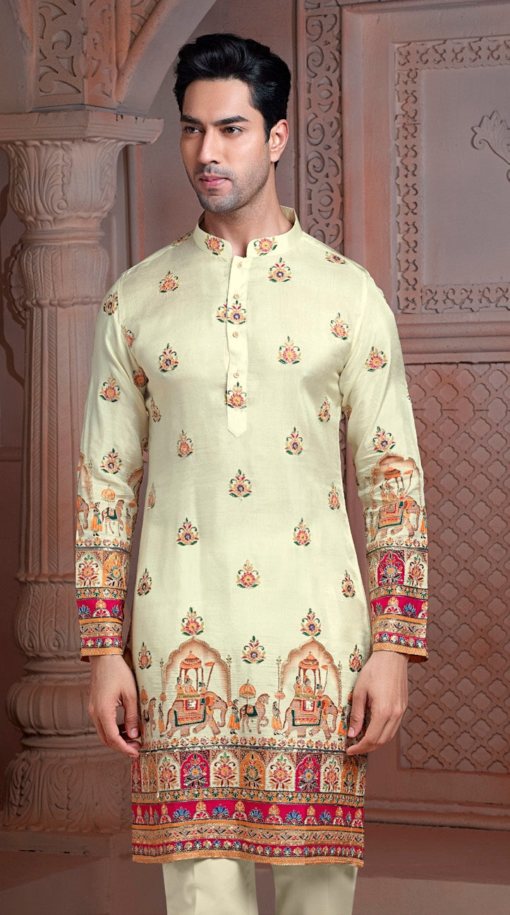 Off White colour Natural soft silk kurta set with golden Zari & corded embroidery