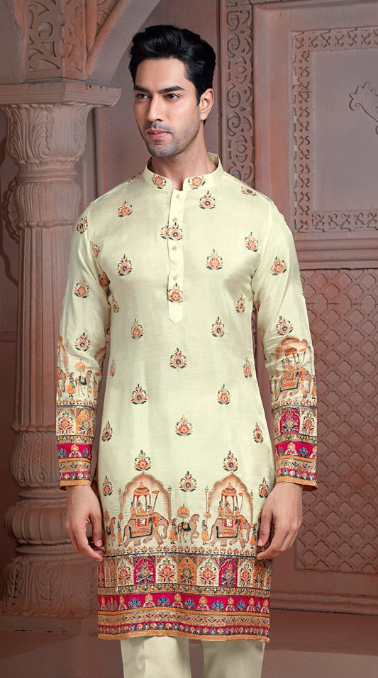 Off White colour Natural soft silk kurta set with golden Zari & corded embroidery