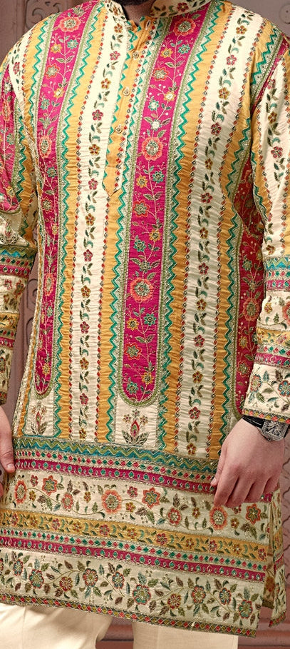 Off White colour Natural soft silk kurta set with golden Zari & corded embroidery