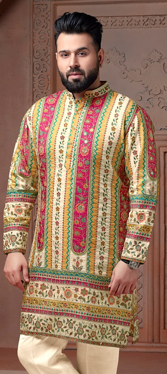 Off White colour Natural soft silk kurta set with golden Zari & corded embroidery