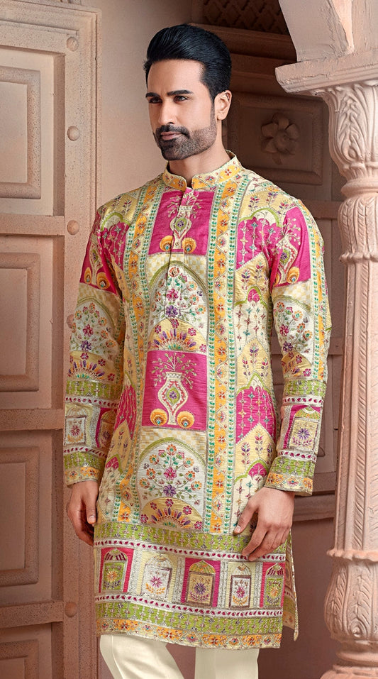 Multi colour Natural soft silk Daman kurta set with golden Zari & corded embroidery