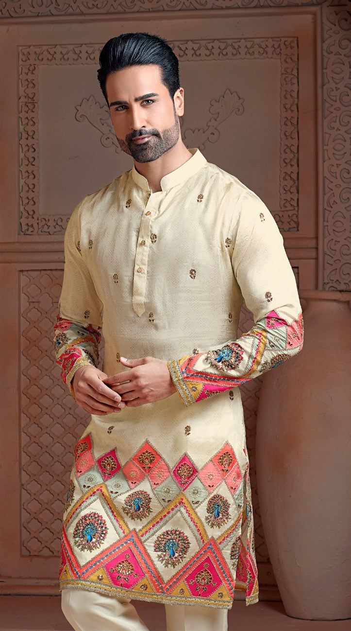 Off White colour Natural soft silk Daman kurta set with texture & golden embroidery