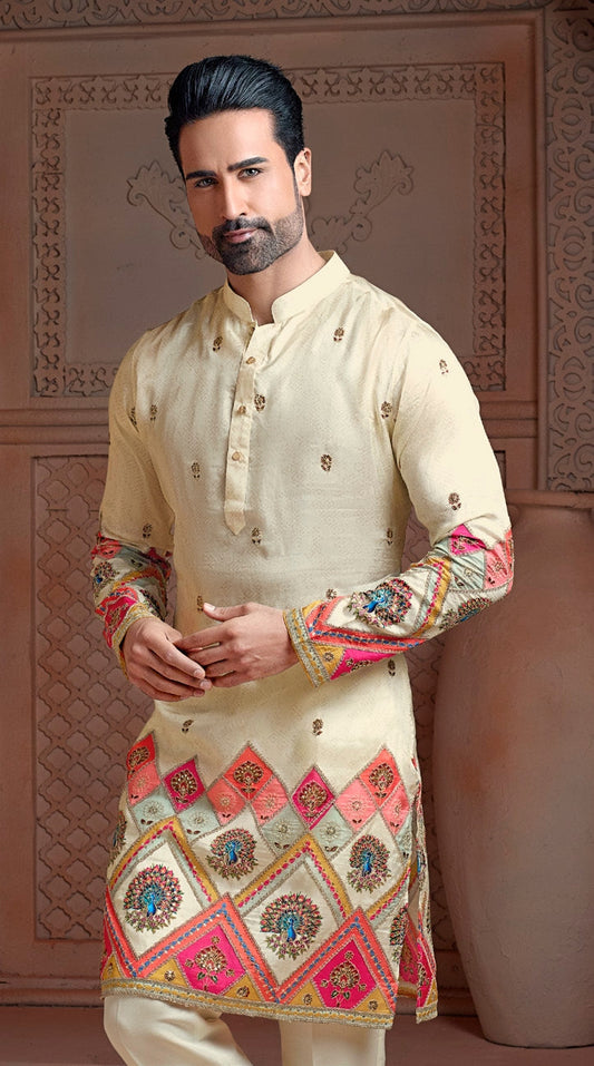 Off White colour Natural soft silk Daman kurta set with texture & golden embroidery
