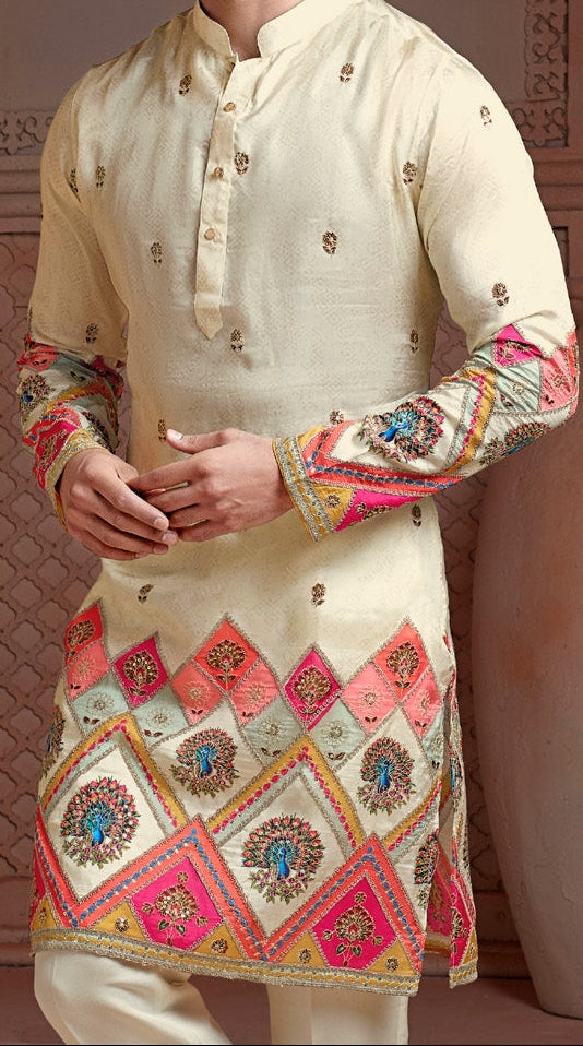 Off White colour Natural soft silk Daman kurta set with texture & golden embroidery