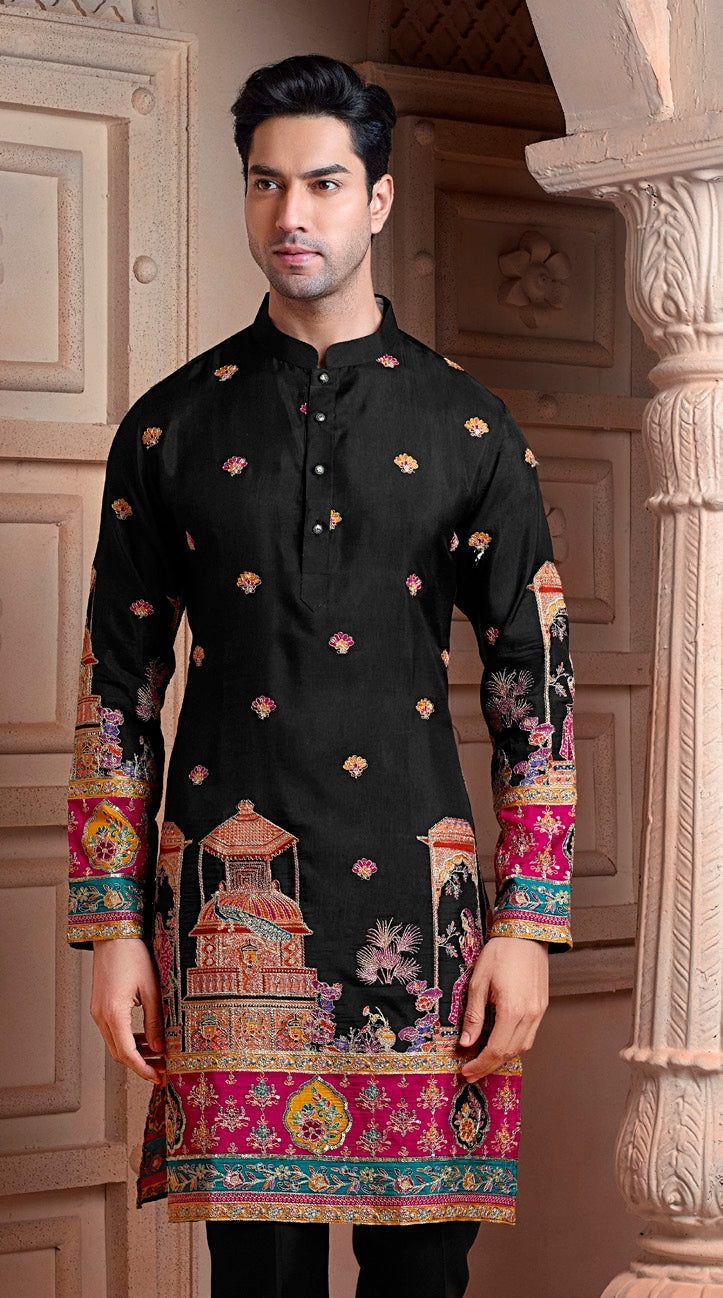 Black colour Natural soft silk kurta set with golden Zari & corded embroidery