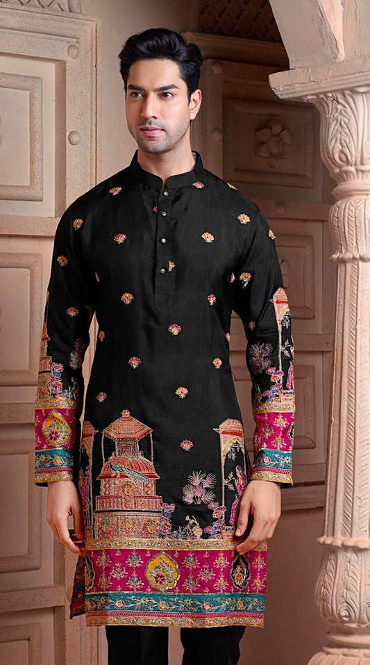 Black colour Natural soft silk kurta set with golden Zari & corded embroidery