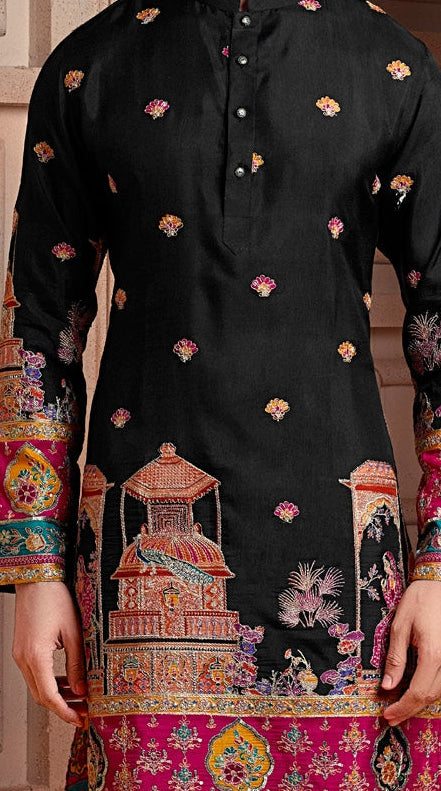 Black colour Natural soft silk kurta set with golden Zari & corded embroidery