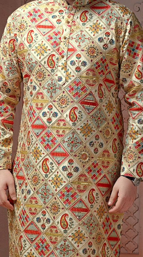 Multi colour Natural soft silk Ggeometric kurta set with golden Zari & corded embroidery