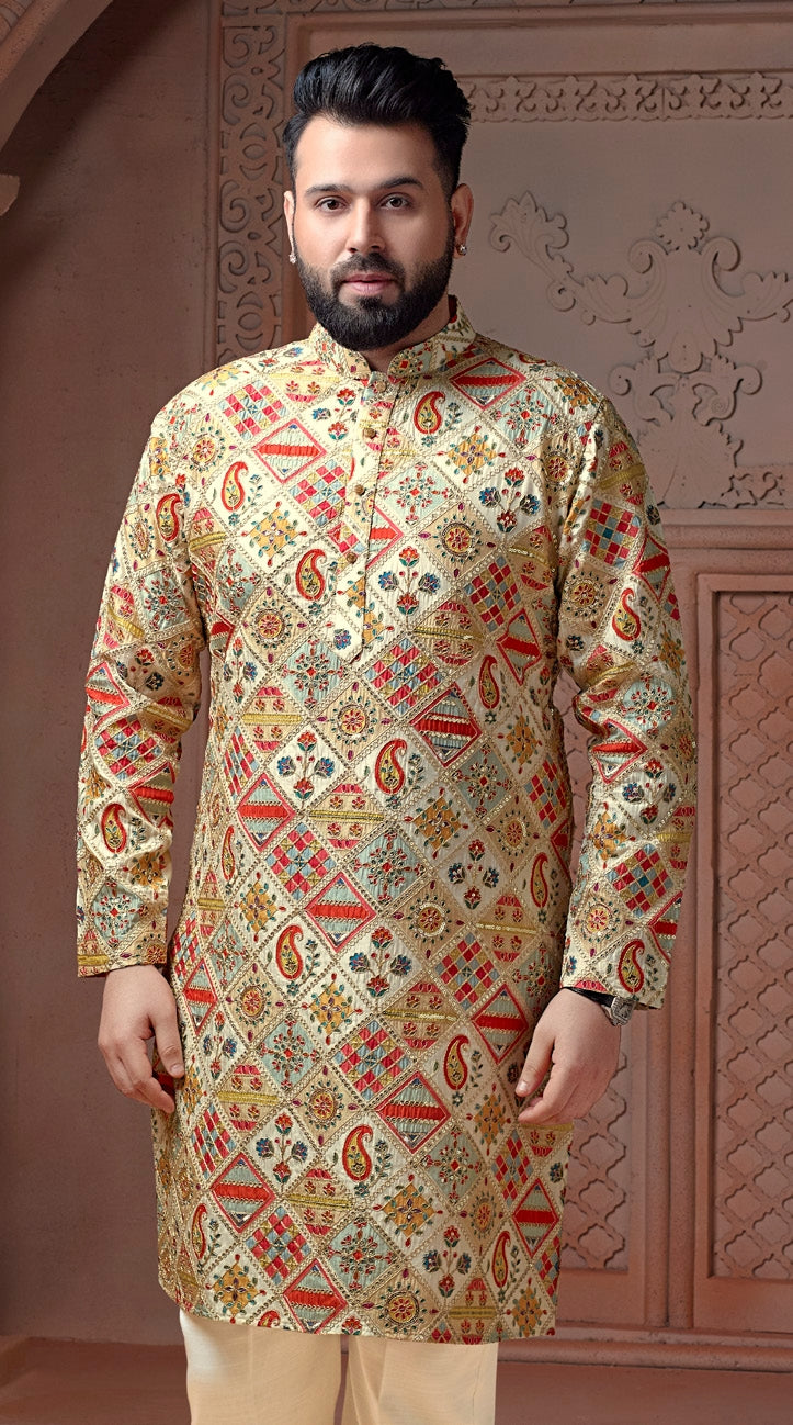 Multi colour Natural soft silk Ggeometric kurta set with golden Zari & corded embroidery