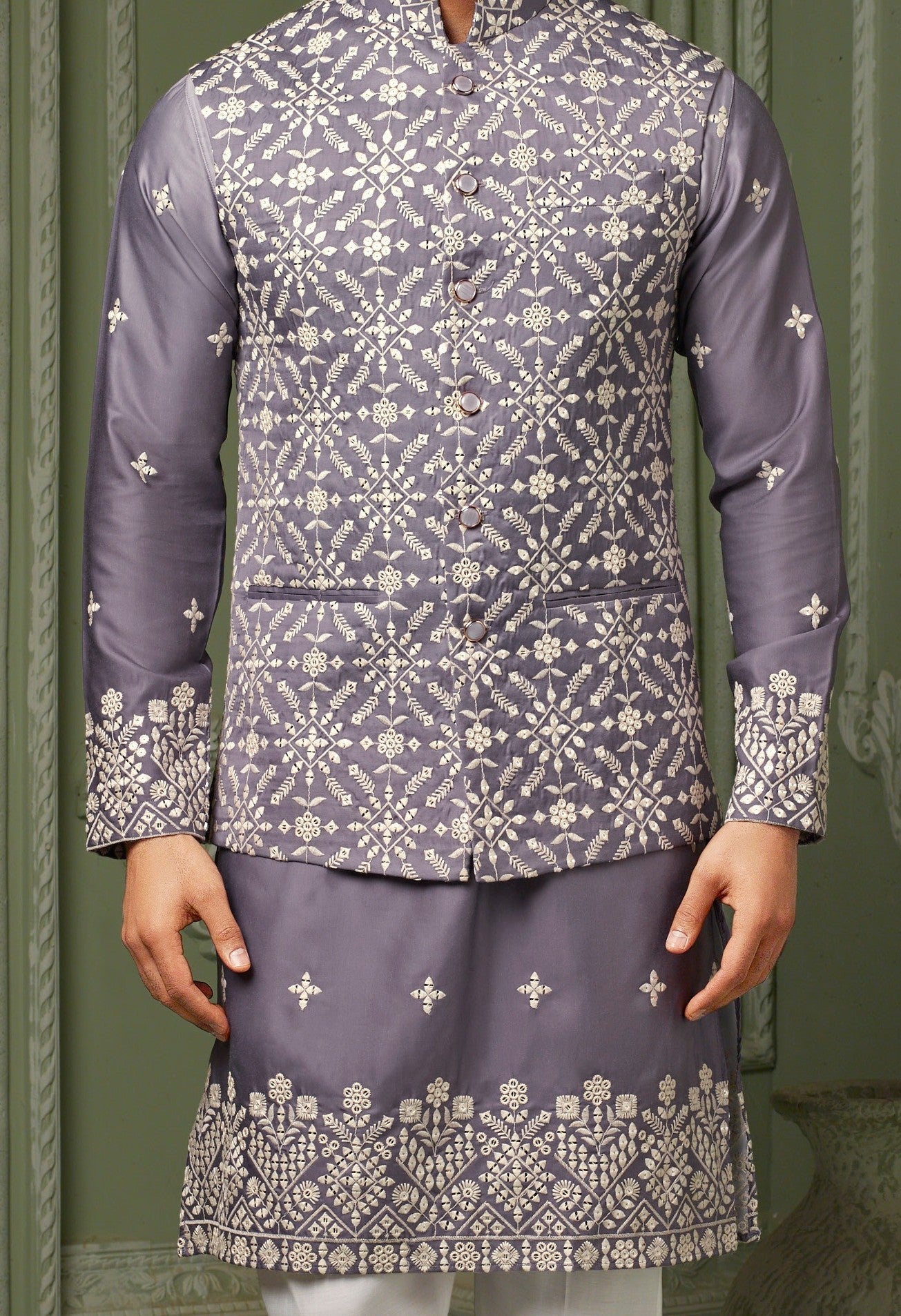 Lilac silk koti and kurta with threaded embroidery work