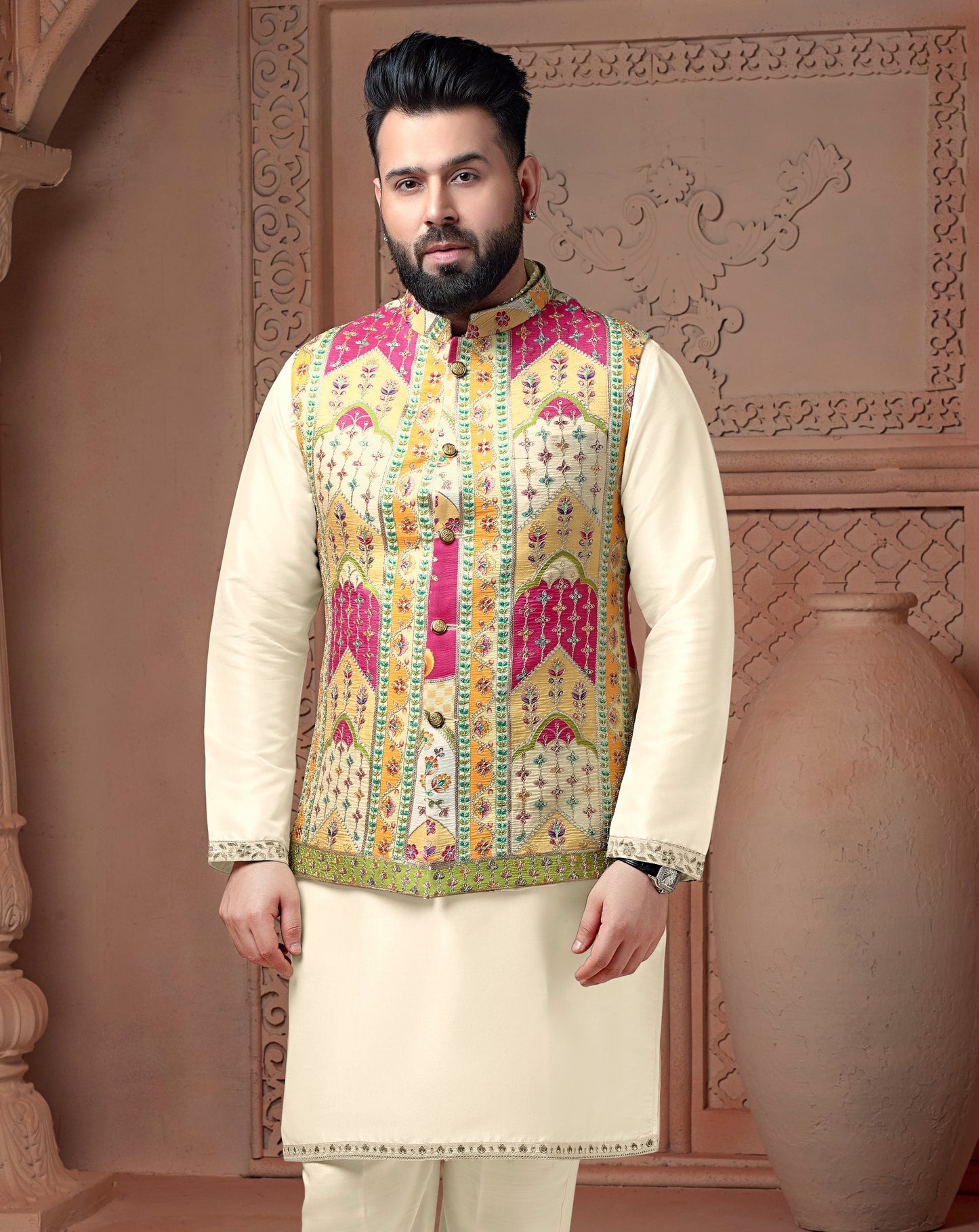 Multi colour Natural soft silk Daman Koti with golden Zari  & corded embroidery and plain Kurta set