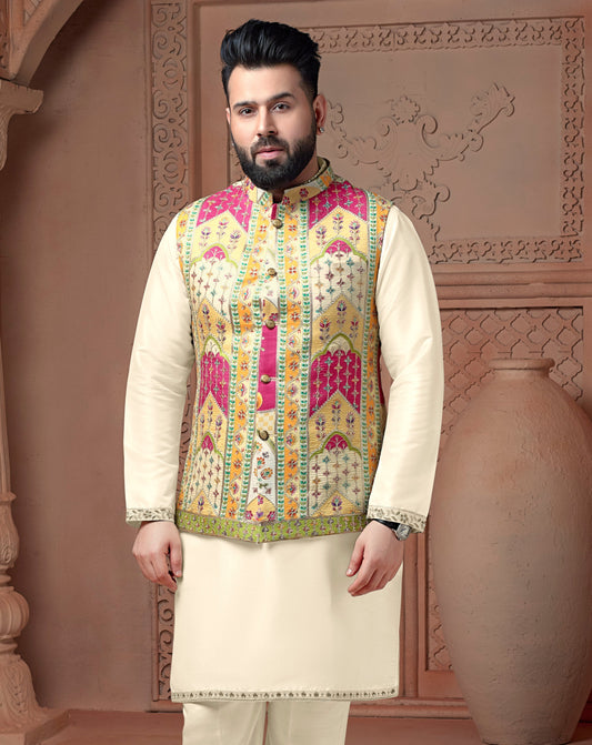 Multi colour Natural soft silk Daman Koti with golden Zari  & corded embroidery and plain Kurta set