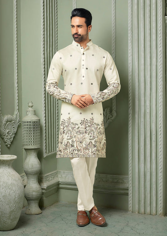 Off white silk Kurta set with threaded embroidery work