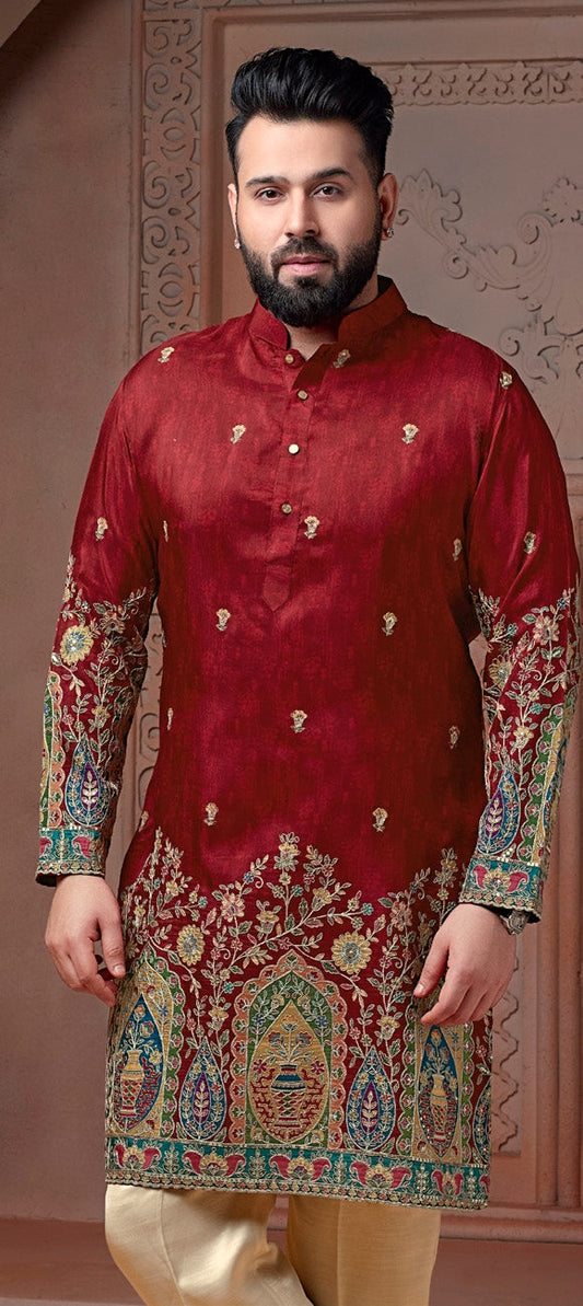 Hot Red colour Natural soft silk Daman kurta set with golden Zari & corded embroidery
