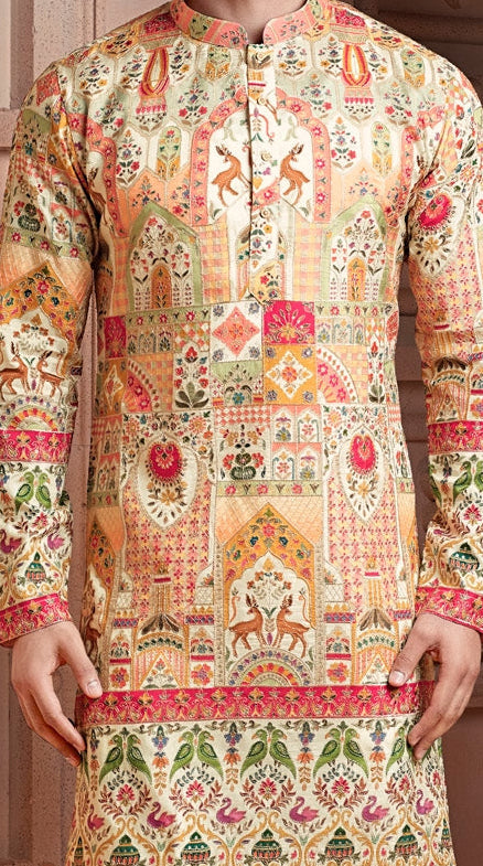 Multi colour Natural soft silk Daman kurta set with Vantara corded embroidery