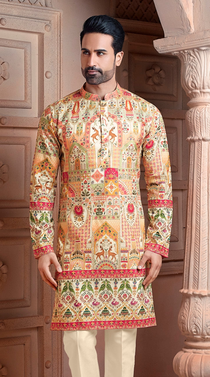 Multi colour Natural soft silk Daman kurta set with Vantara corded embroidery