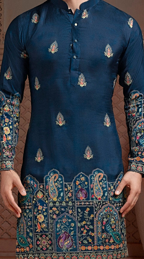 Turkish Blue colour Natural soft silk Daman kurta set with golden Zari & corded embroidery