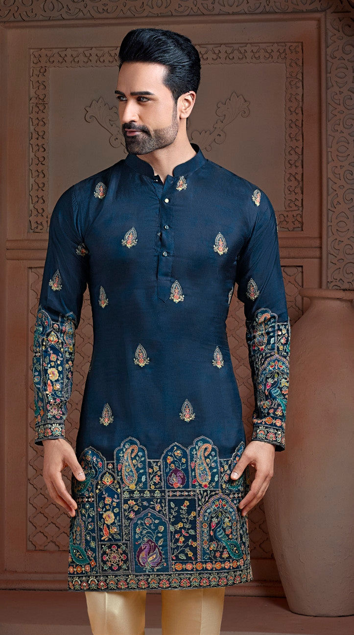 Turkish Blue colour Natural soft silk Daman kurta set with golden Zari & corded embroidery