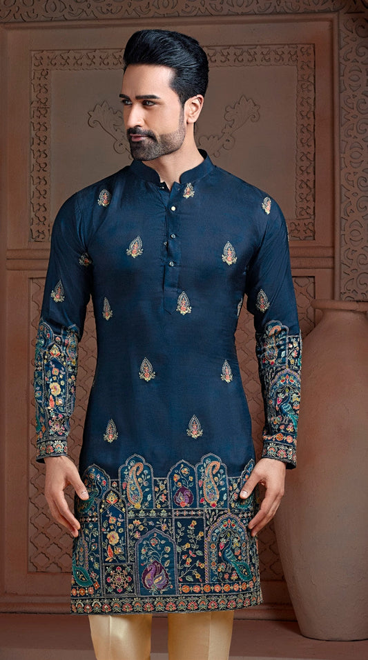 Turkish Blue colour Natural soft silk Daman kurta set with golden Zari & corded embroidery