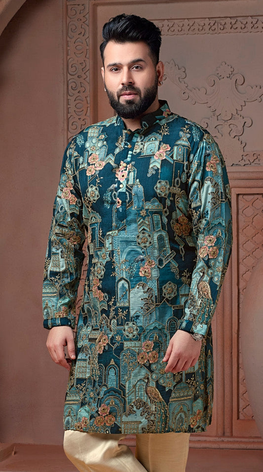 Rama Green colour Natural soft silk floral kurta set with golden Zari & corded embroidery