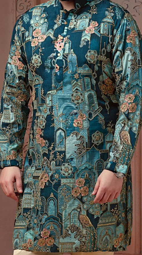 Rama Green colour Natural soft silk floral kurta set with golden Zari & corded embroidery