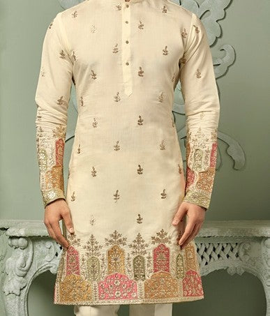 Cream silk Kurta set with multi colour threaded embroidery work