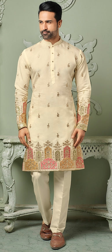 Cream silk Kurta set with multi colour threaded embroidery work