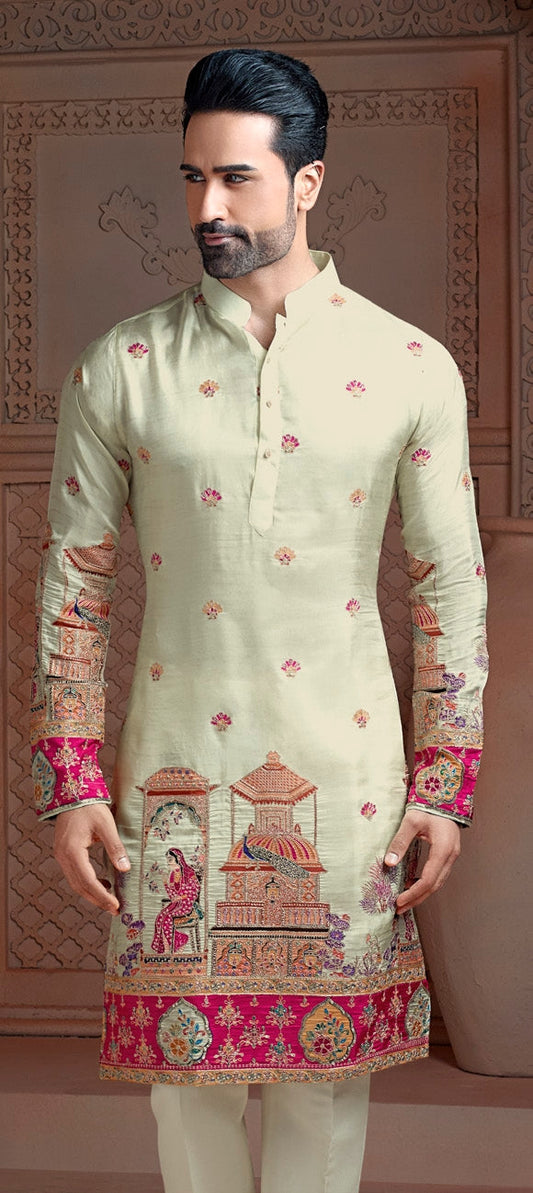 Off White Rani combo colour Natural soft silk kurta set with golden Zari & corded embroidery