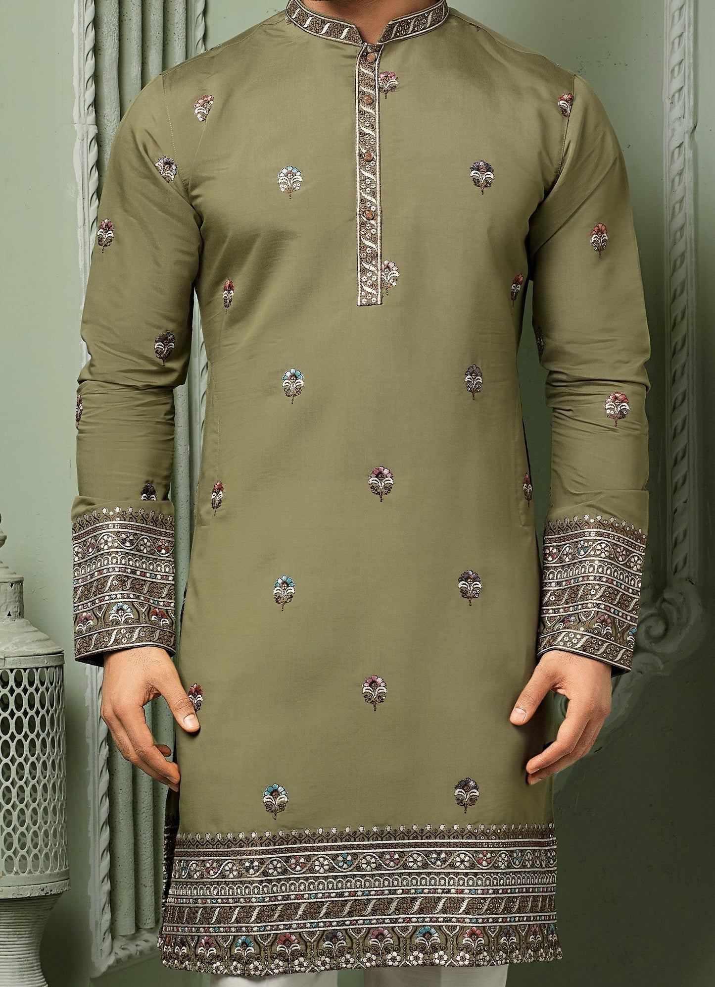 Mehandi Green silk kurta set with threaded embroidery work