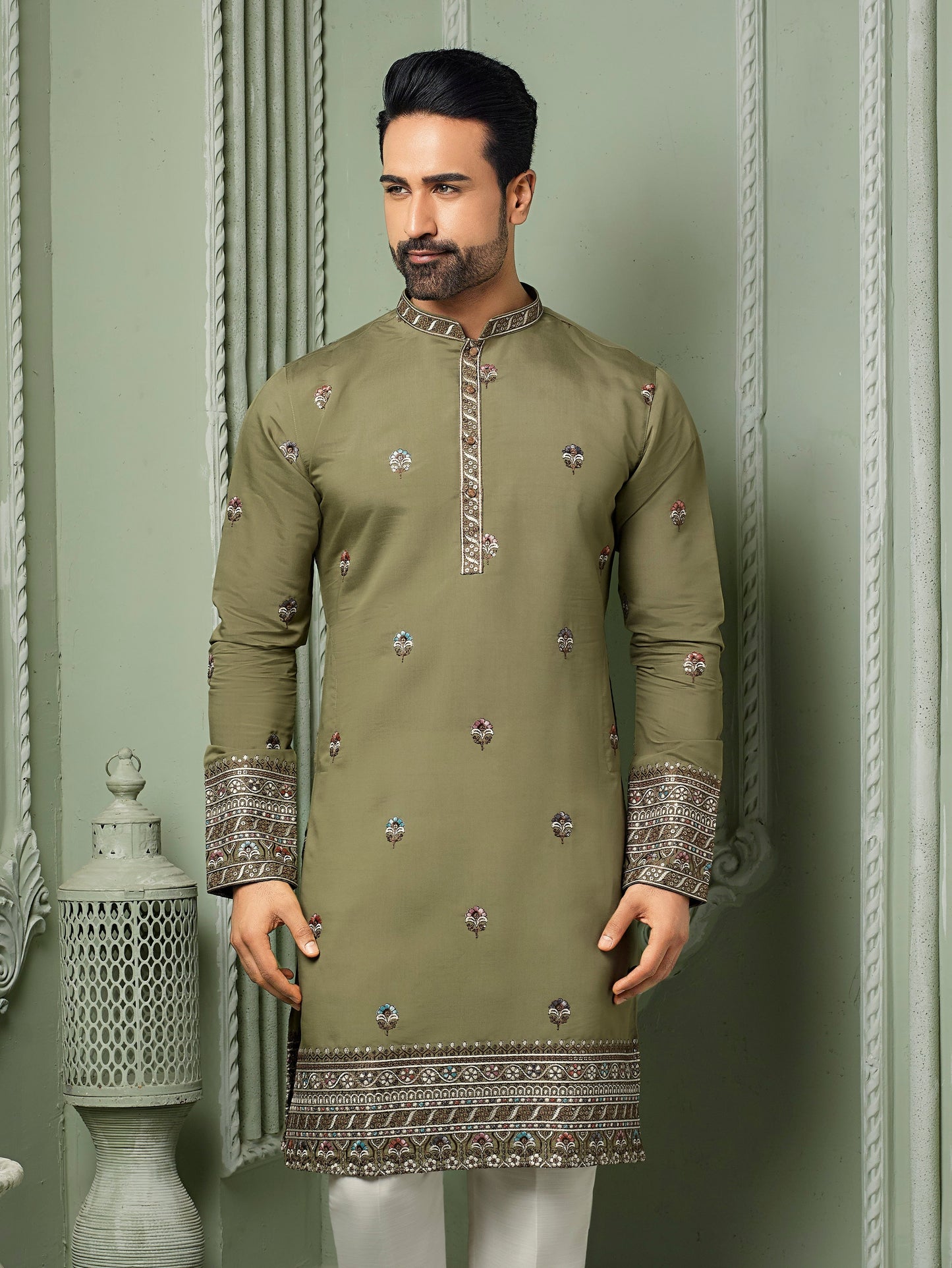 Mehandi Green silk kurta set with threaded embroidery work