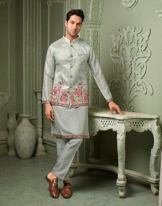 Pistachio silk threaded embriodery work koti with self kurta set