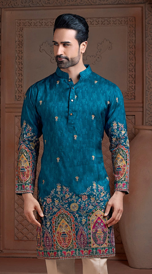 Ocean Blue colour Natural soft silk Daman kurta set with golden Zari & corded embroidery