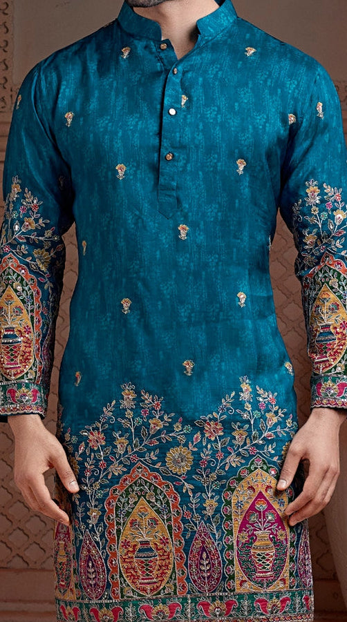 Ocean Blue colour Natural soft silk Daman kurta set with golden Zari & corded embroidery