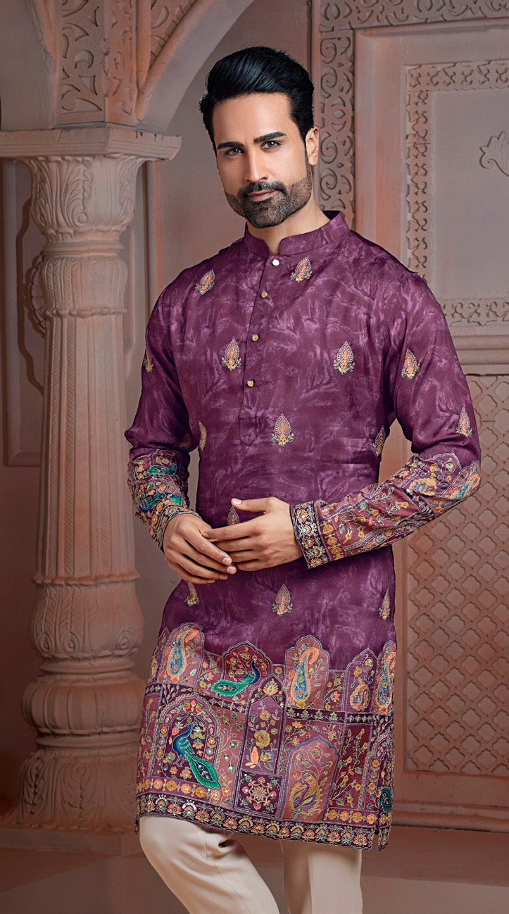 Lovender colour Natural soft silk Daman kurta set with golden Zari & corded embroidery